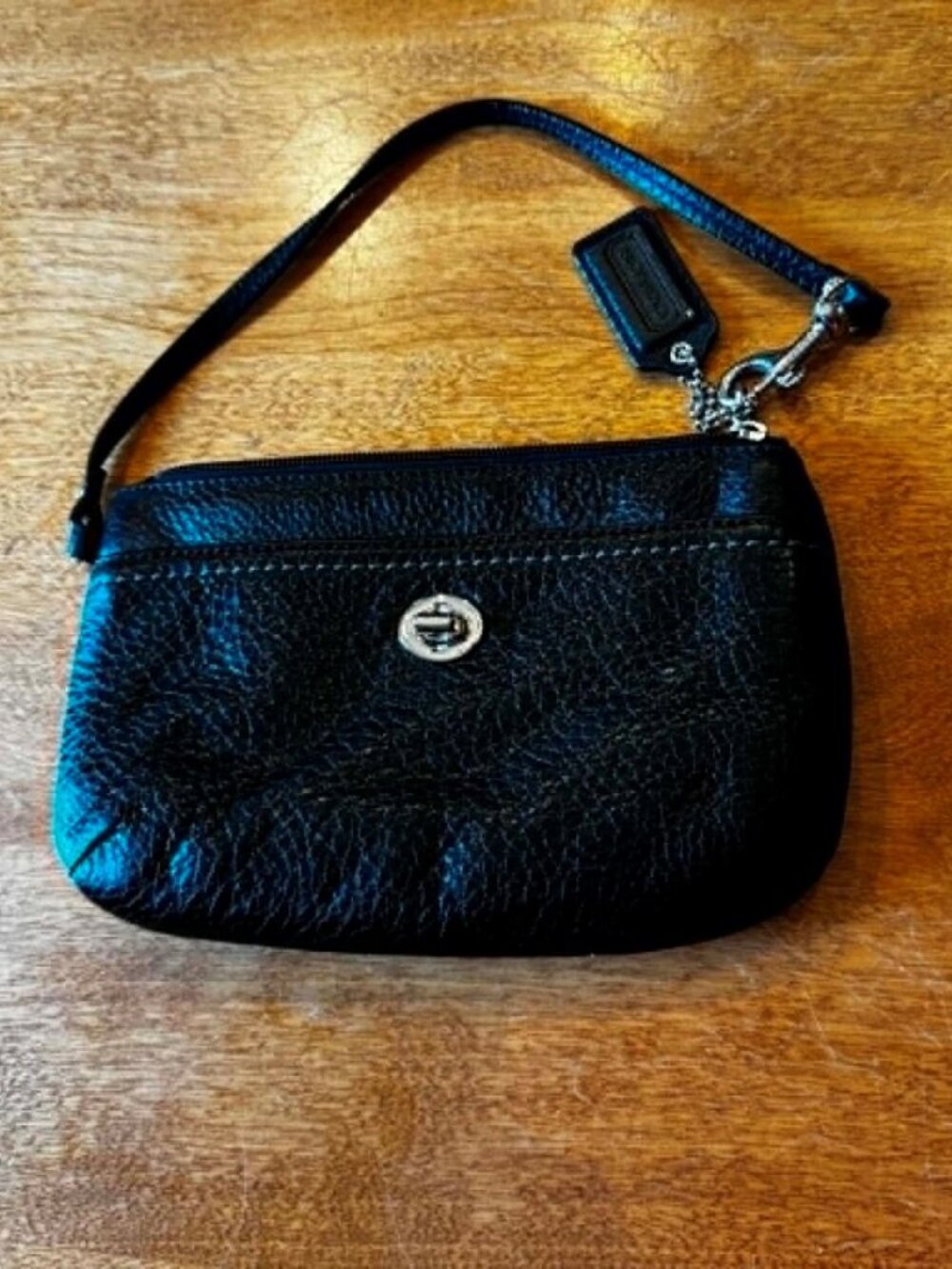 Black Leather Wristlet • Pebbled Texture • NOT COACH